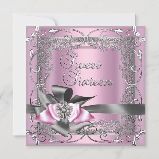 Sweet Sixteen Sweet 16 Light Pink Silver Grey Bow Kaart (Voorkant)