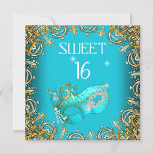 Sweet Sixteen Sweet 16 Masquerade Gold Blauwgroen Kaart
