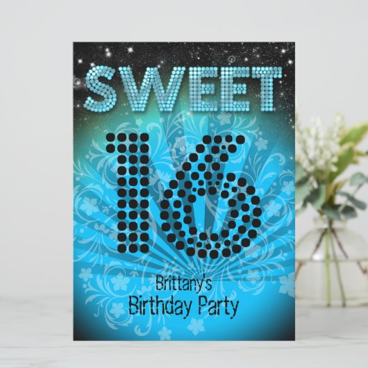Sweet Sixteen Sweet 16 Party Blue Blauwgroen Black Kaart (Staand voorkant)
