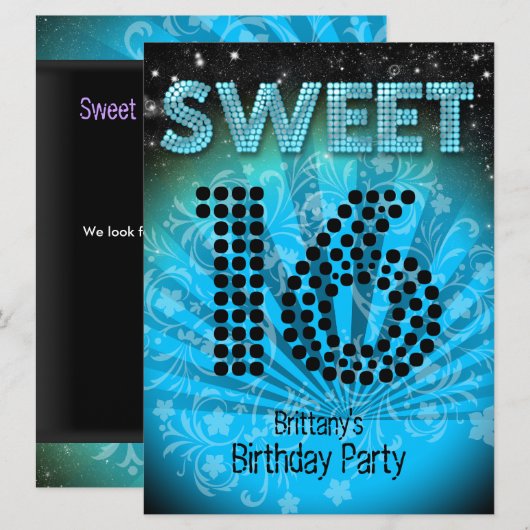 Sweet Sixteen Sweet 16 Party Blue Blauwgroen Black Kaart (Voorkant / Achterkant)