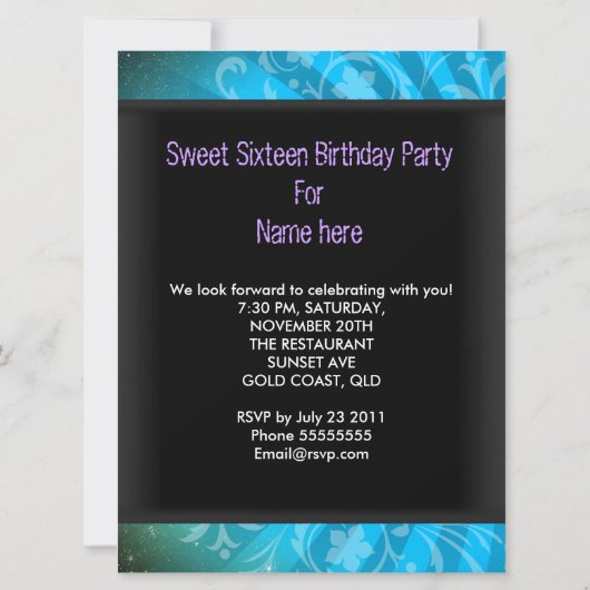 Sweet Sixteen Sweet 16 Party Blue Blauwgroen Black Kaart (Achterkant)