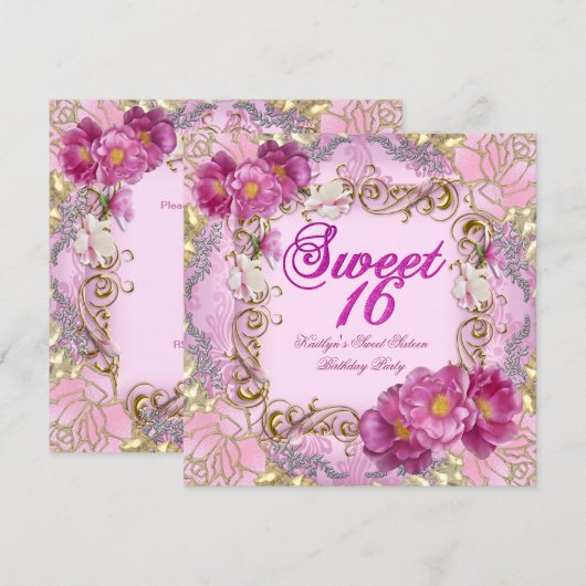 Sweet Sixteen Sweet 16 Pink Damask Gold Flowers Kaart (Voorkant / Achterkant)