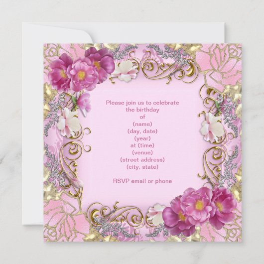 Sweet Sixteen Sweet 16 Pink Damask Gold Flowers Kaart (Achterkant)
