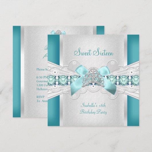 Sweet Sixteen Sweet 16 Tiara Blue Blauwgroen Kaart (Voorkant / Achterkant)