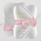 Sweet Sixteen Sweet 16 White Pearl Jewel Pink Bow Kaart (Voorkant / Achterkant)