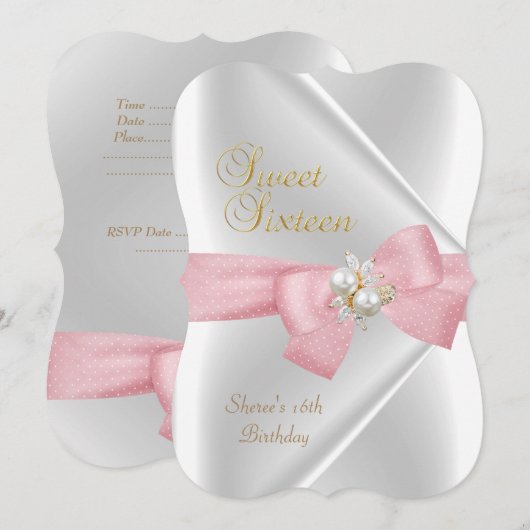 Sweet Sixteen Sweet 16 White Pearl Jewel Pink Bow Kaart (Voorkant / Achterkant)