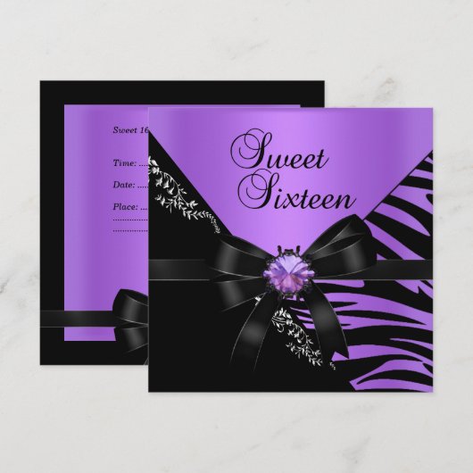Sweet Sixteen Sweet 16 Zebra Paarse Black Jewel Kaart (Voorkant / Achterkant)