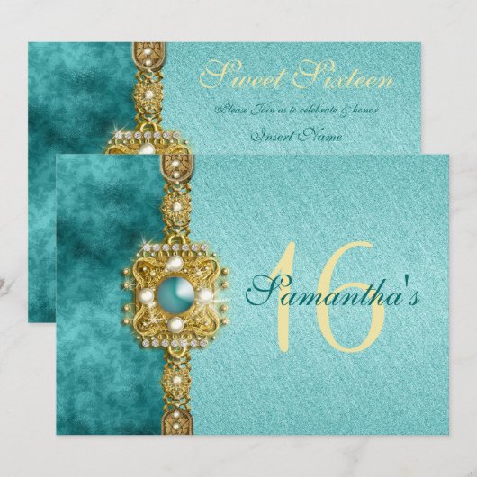 "sweet sixteen" turquoise goud 16 verjaardag kaart (Voorkant / Achterkant)