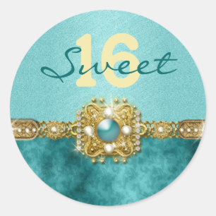 "sweet sixteen" turquoise goud 16 verjaardag ronde sticker