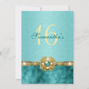 "sweet sixteen" turquoise gouden 16 verjaardag kaart