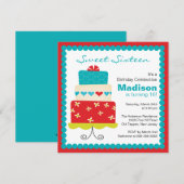 Sweet Sixteen Turquoise & Red Cake Birthday Invite Kaart (Voorkant / Achterkant)