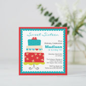 Sweet Sixteen Turquoise & Red Cake Birthday Invite Kaart (Staand voorkant)