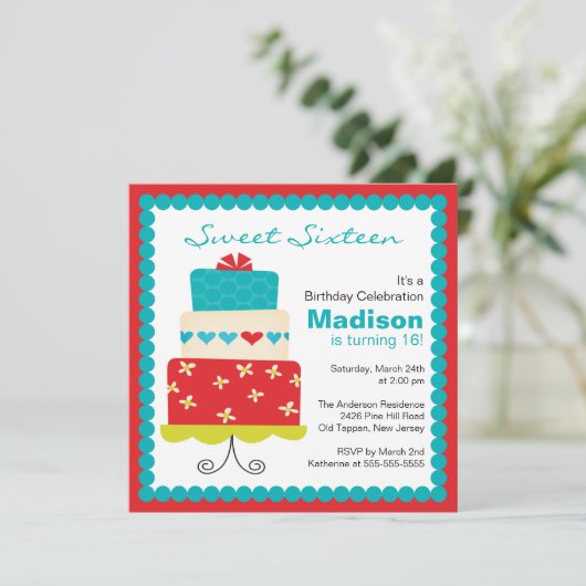 Sweet Sixteen Turquoise & Red Cake Birthday Invite Kaart (Staand voorkant)
