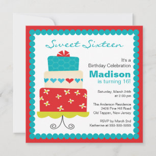 Sweet Sixteen Turquoise & Red Cake Birthday Invite Kaart