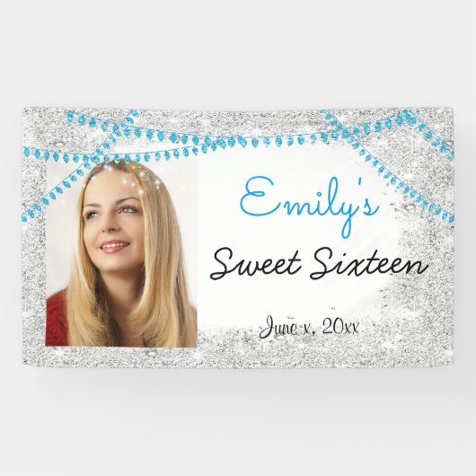 Sweet Sixteen, turquoise, strijklichten, glitter, Spandoek (Horizontaal)