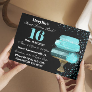 SWEET SIXTEEN TURQUOISE WATERVERF CAKE VERJAARDAG KAART