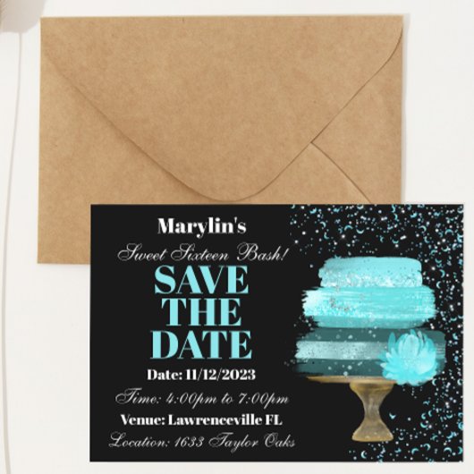 SWEET SIXTEEN TURQUOISE WATERVERF CAKE VERJAARDAG SAVE THE DATE