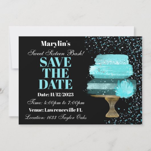 SWEET SIXTEEN TURQUOISE WATERVERF CAKE VERJAARDAG SAVE THE DATE (Voorkant)