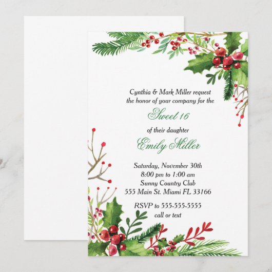 Sweet Sixteen Uitnodiging Botanische Waterverf (Voorkant / Achterkant)
