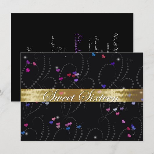 Sweet Sixteen Uitnodiging, Elegant Black & Gold Kaart (Voorkant / Achterkant)