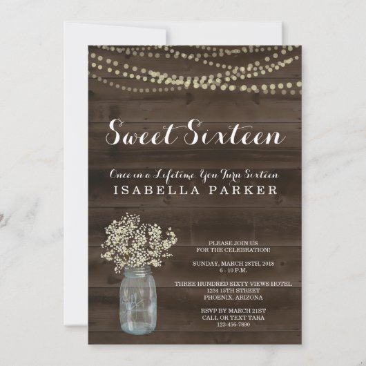 Sweet Sixteen-uitnodiging | Rustic Babys Breath Kaart (Voorkant)