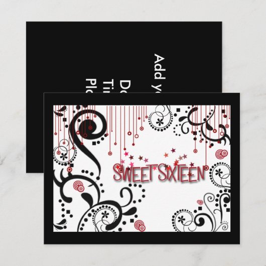 Sweet Sixteen Uitnodiging zwart, wit en rood (Voorkant / Achterkant)