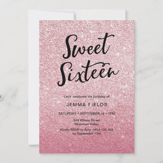 Sweet Sixteen Verjaardag Uitnodiging roze glitter (Voorkant)