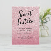 Sweet Sixteen Verjaardag Uitnodiging roze glitter (Staand voorkant)
