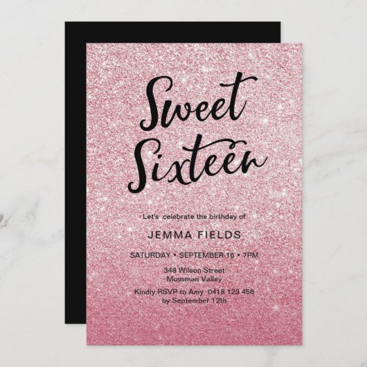 Sweet Sixteen Verjaardag Uitnodiging roze glitter (Voorkant / Achterkant)