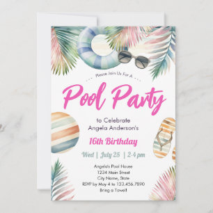 Sweet Sixteen Verjaardags Zwembad Feest Uitnodigin Kaart