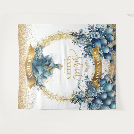 Sweet Sixteen Waterverf Blue Gold Balloon Banner Wandkleed (Voorkant (horizontaal))