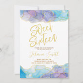 Sweet Sixteen Waterverf Blue Gold Birthday Kaart (Voorkant)
