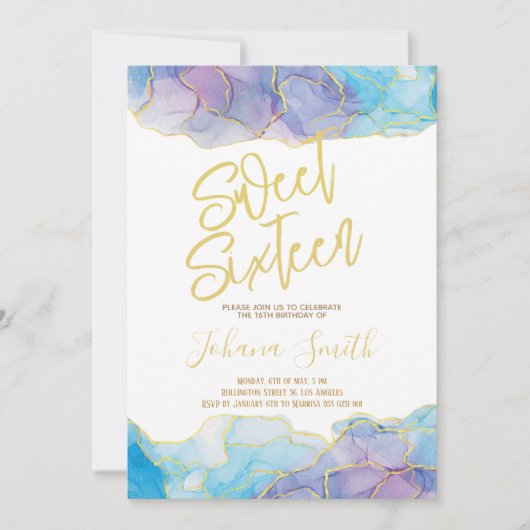 Sweet Sixteen Waterverf Blue Gold Birthday Kaart (Voorkant)