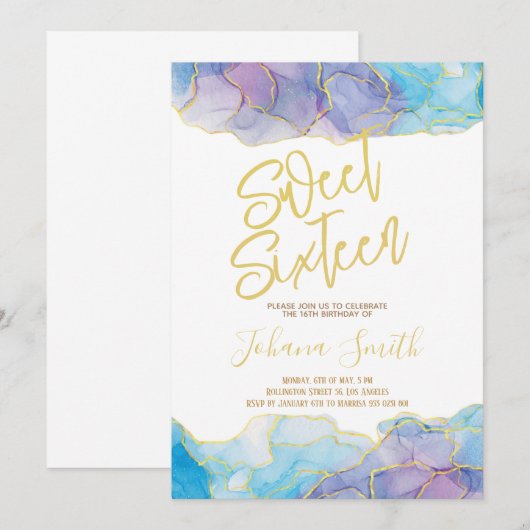 Sweet Sixteen Waterverf Blue Gold Birthday Kaart (Voorkant / Achterkant)