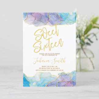 Sweet Sixteen Waterverf Blue Gold Birthday Kaart