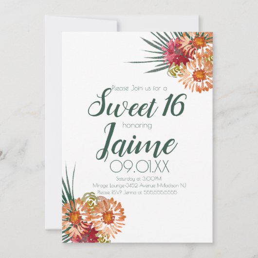 Sweet Sixteen Waterverf Floral Peach Green Kaart (Voorkant)