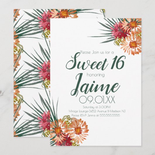 Sweet Sixteen Waterverf Floral Peach Green Kaart (Voorkant / Achterkant)
