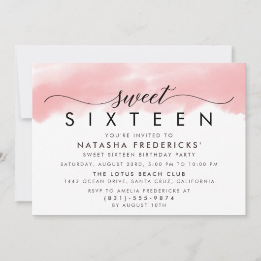 Sweet Sixteen Waterverf Roze Birthday Kaart (Voorkant)