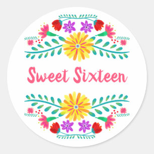 Sweet Sixteen White en Roze Mexican Fiesta Floral Ronde Sticker