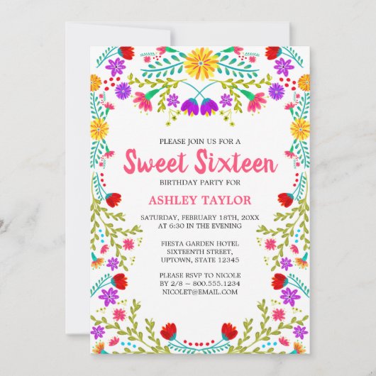 Sweet Sixteen White Mexican Fiesta Folk Art Floral Kaart (Voorkant)