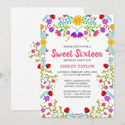 Sweet Sixteen White Mexican Fiesta Folk Art Floral Kaart (Voorkant / Achterkant)