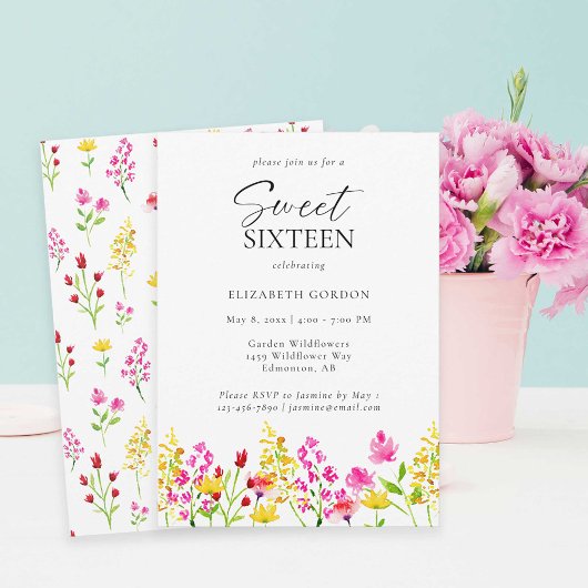 Sweet Sixteen Wildflower Waterverf Script Floral Kaart