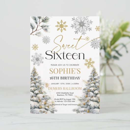 Sweet Sixteen Winter Verjaardag Uitnodiging (Staand voorkant)