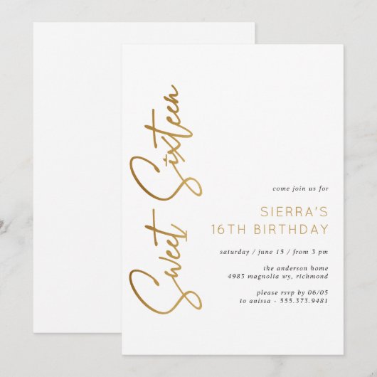 Sweet Sixteen Wit en Goud Script 16e verjaardag Kaart (Voorkant / Achterkant)