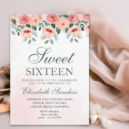 Sweet Sixteen with Watercolor Pink Flowers Kaart