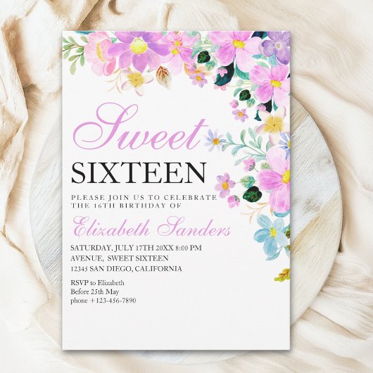 Sweet Sixteen with Watercolor Spring Flowers Kaart