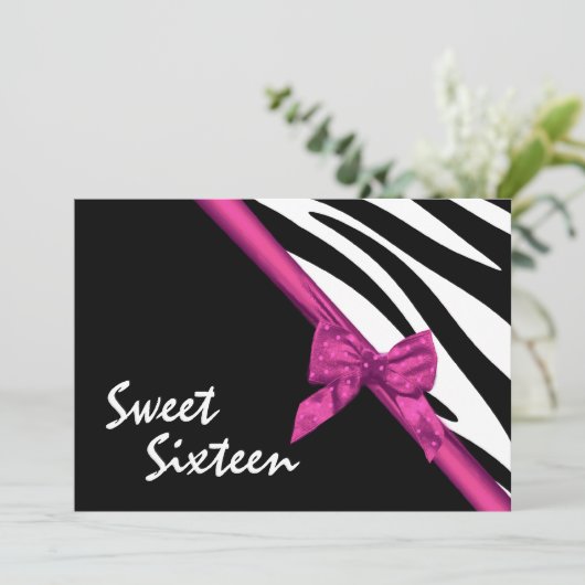 Sweet Sixteen Zebra and Ribbon Pink Kaart (Staand voorkant)