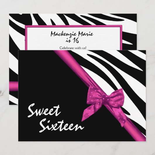 Sweet Sixteen Zebra and Ribbon Pink Kaart (Voorkant / Achterkant)