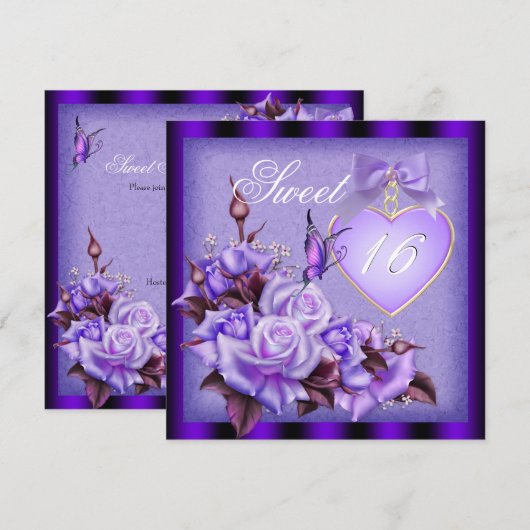 Sweet Sixteen, zoet 16 Paarse Butterfly Paars Ro Kaart (Voorkant / Achterkant)