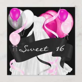Sweet Sixteen Zwart Roze Witte Dress Ballonnen Kaart
